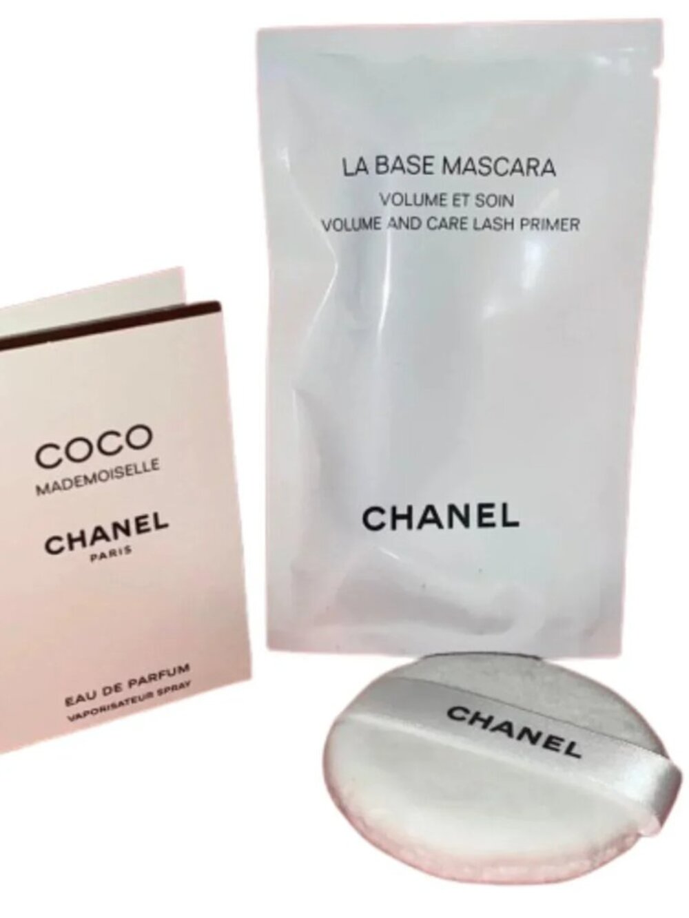 CHANEL White Cosmetic Puff with Coco Mademoiselle Accessories